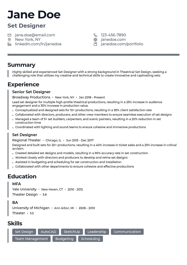 Theatrical Set Design resume example