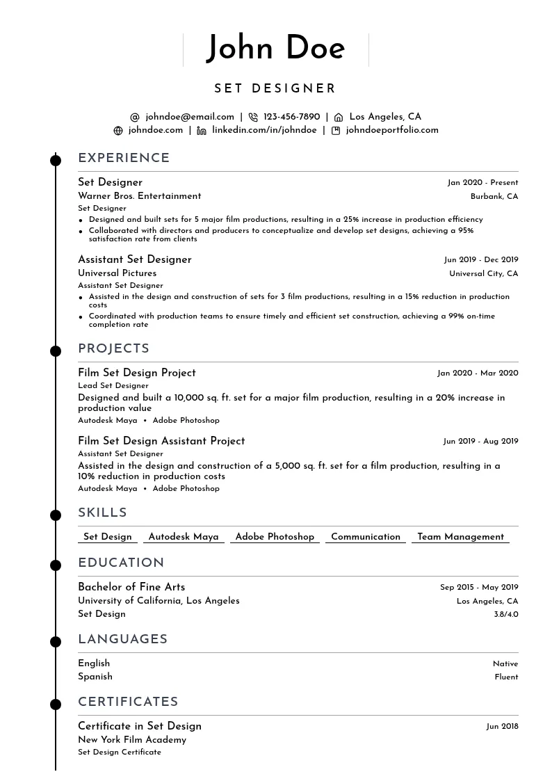Film Set Design resume example