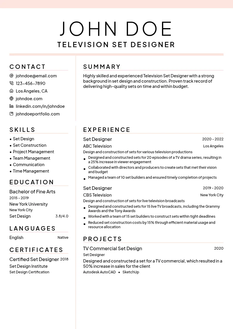 Television Set Design resume example