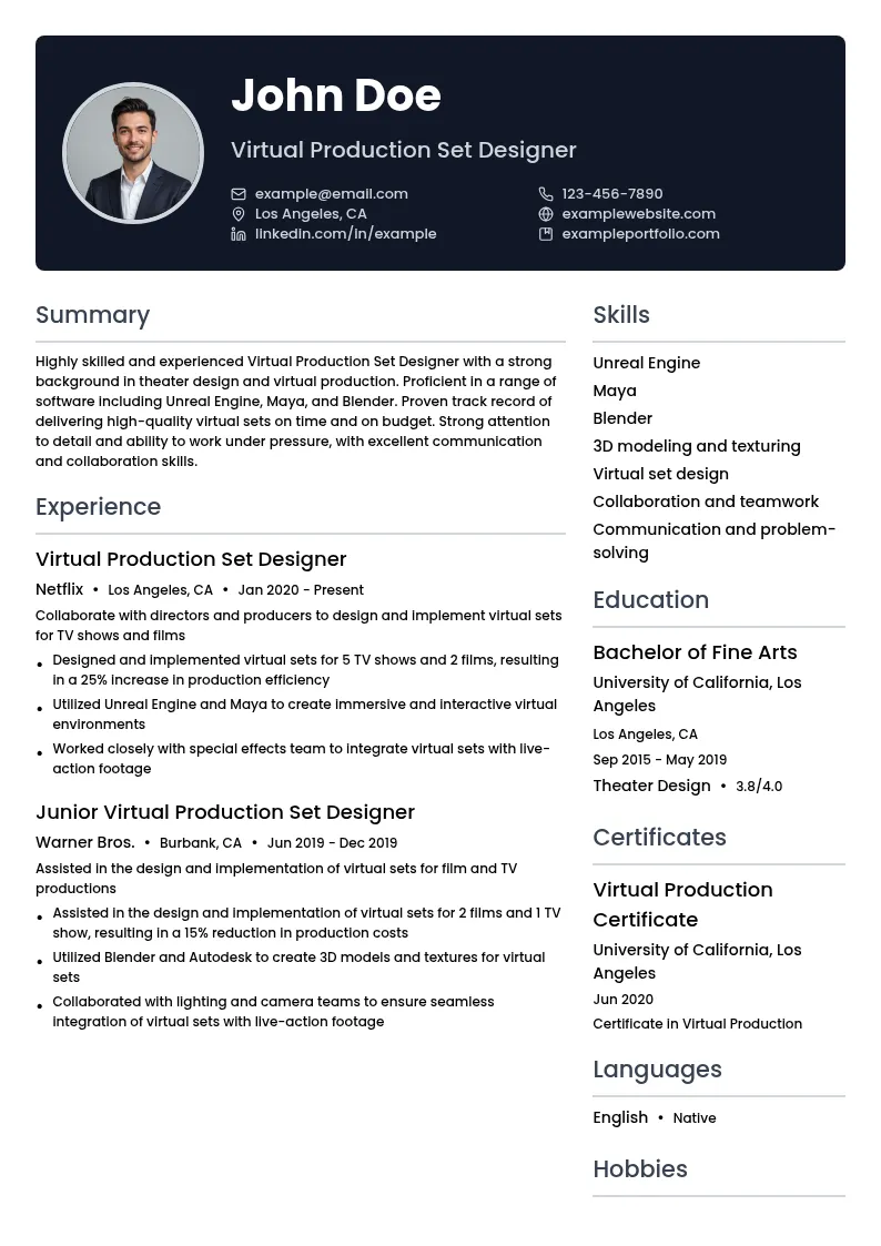 Virtual Production Set Design resume example