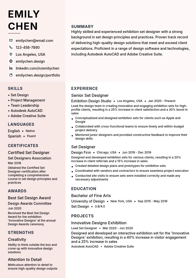 Exhibition Set Design resume example
