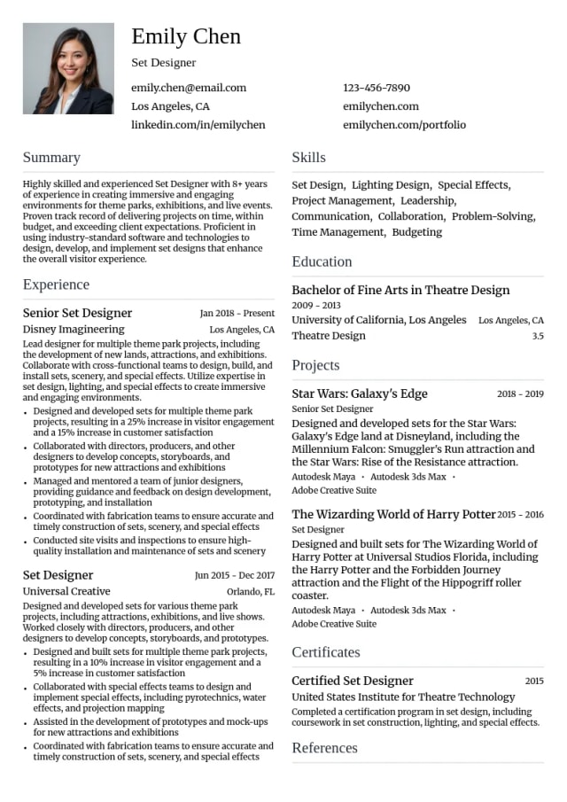 Theme Park Set Design resume example