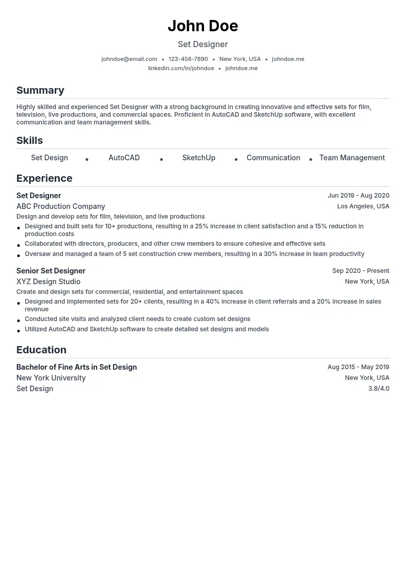 Audiovisual Set Design resume example
