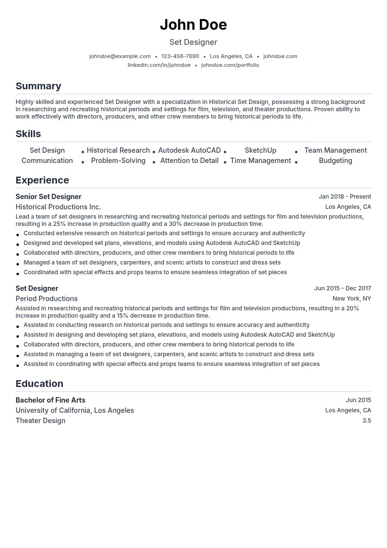 Historical Set Design resume example