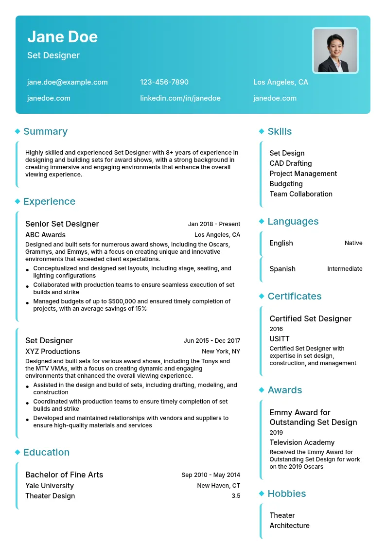 Award Show Set Design resume example
