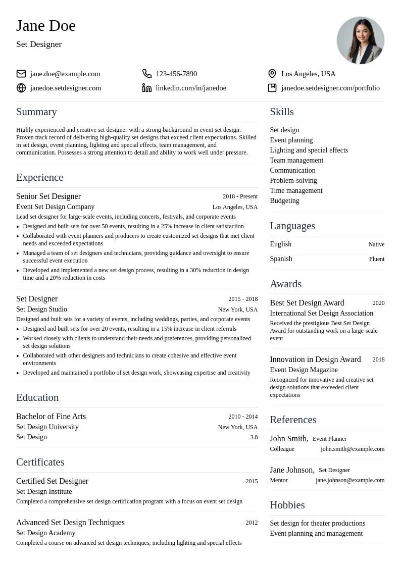 Event Set Design resume example