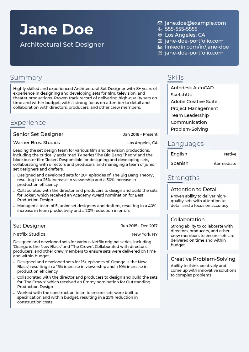 Architectural Set Design resume example
