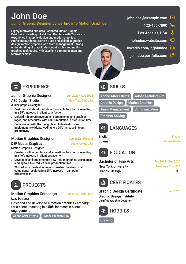 Junior Graphic Designer converting into Motion Graphics resume example