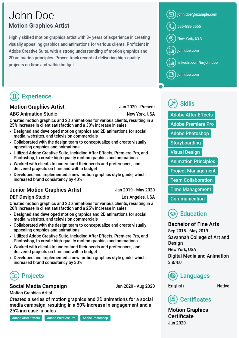 Motion Graphics Artist with the ability to design 2D animation resume example