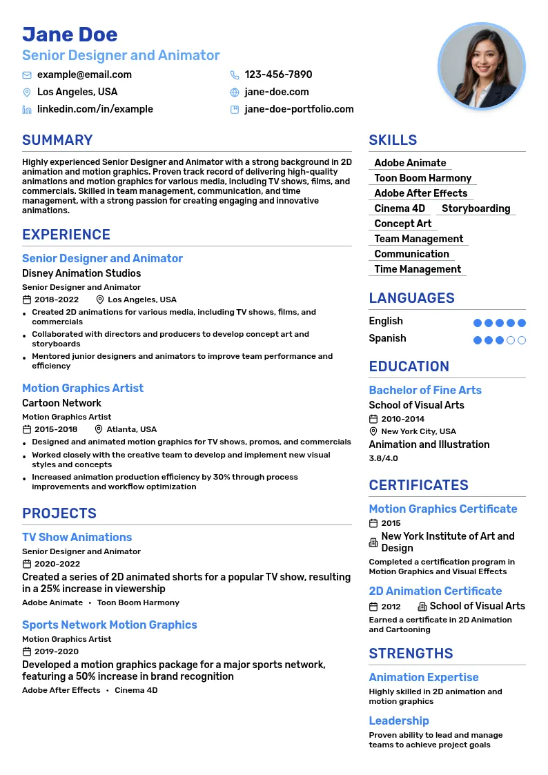 Senior designer creating 2D animation for various media resume example