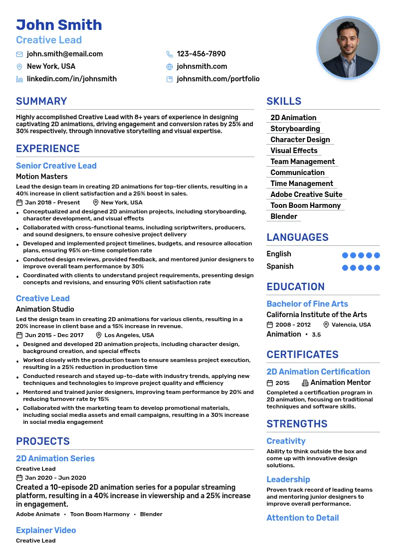 High level Creative Lead providing Design for 2D animation resume example