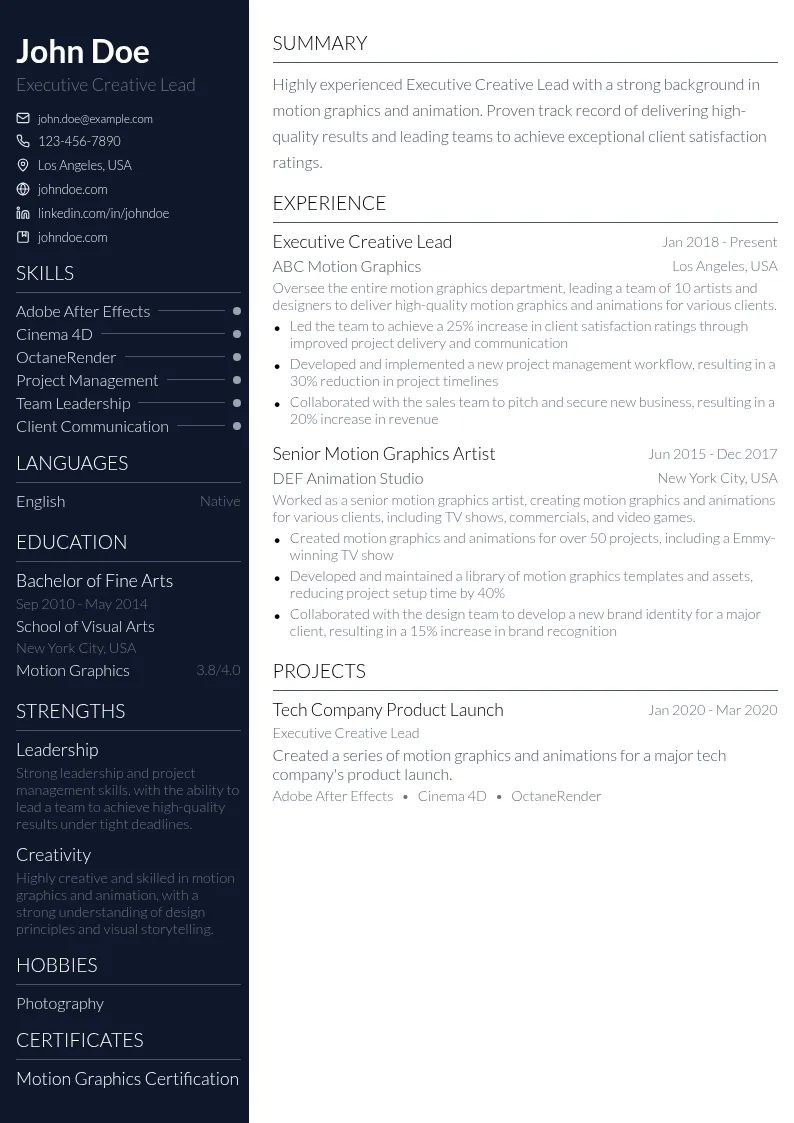 Executive Creative Lead overseeing entire motion graphics department resume example