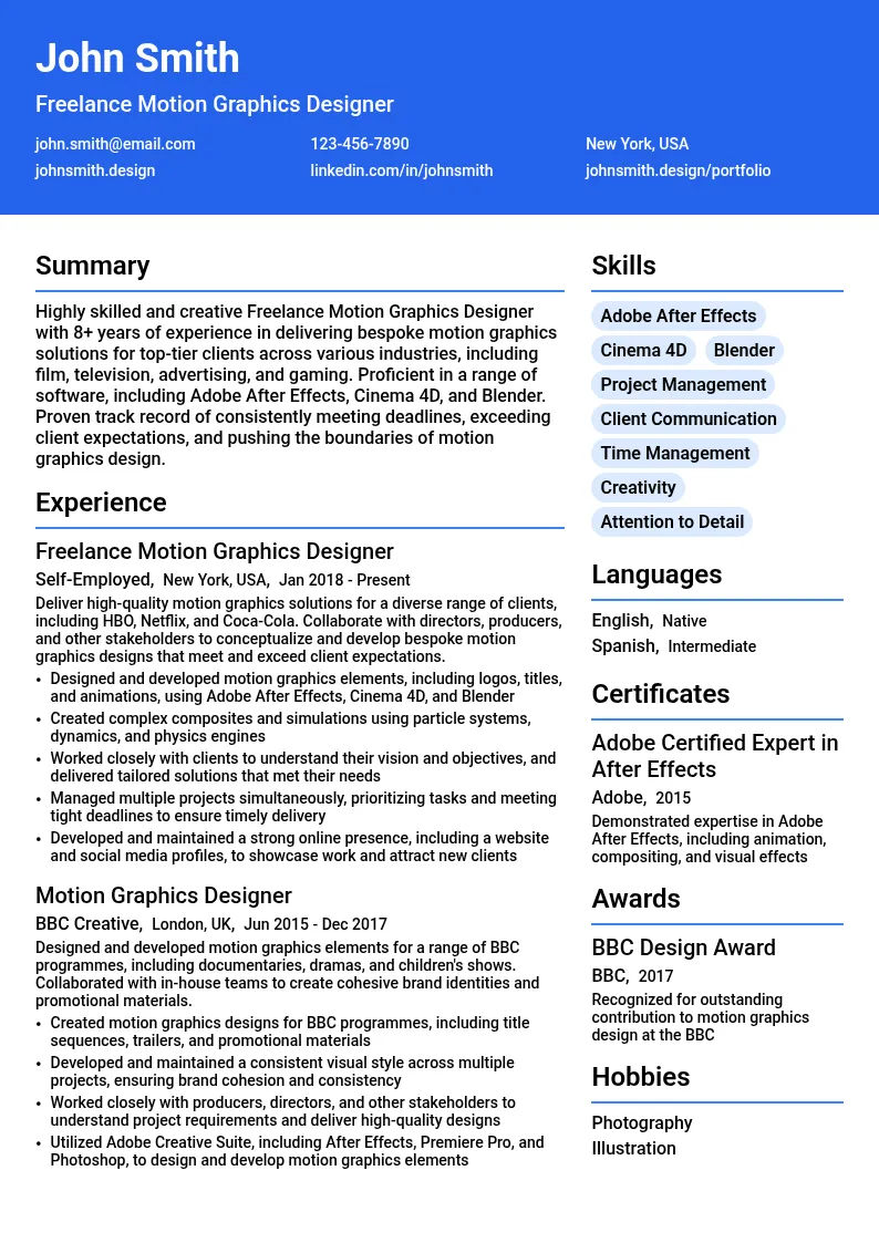 Freelance Motion Graphics Designer specialising in bespoke work resume example