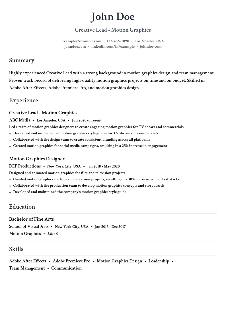 Creative Lead - Motion Graphics resume example