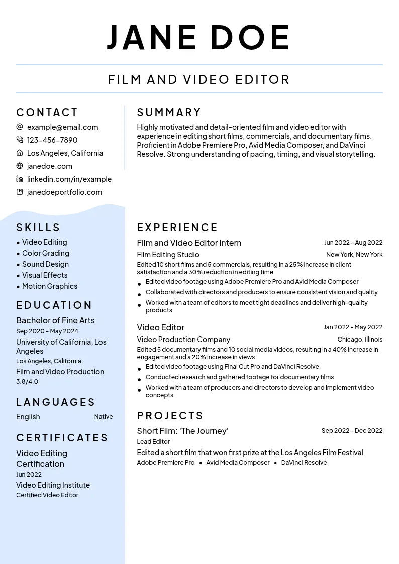 Film and Video Editor Intern resume example