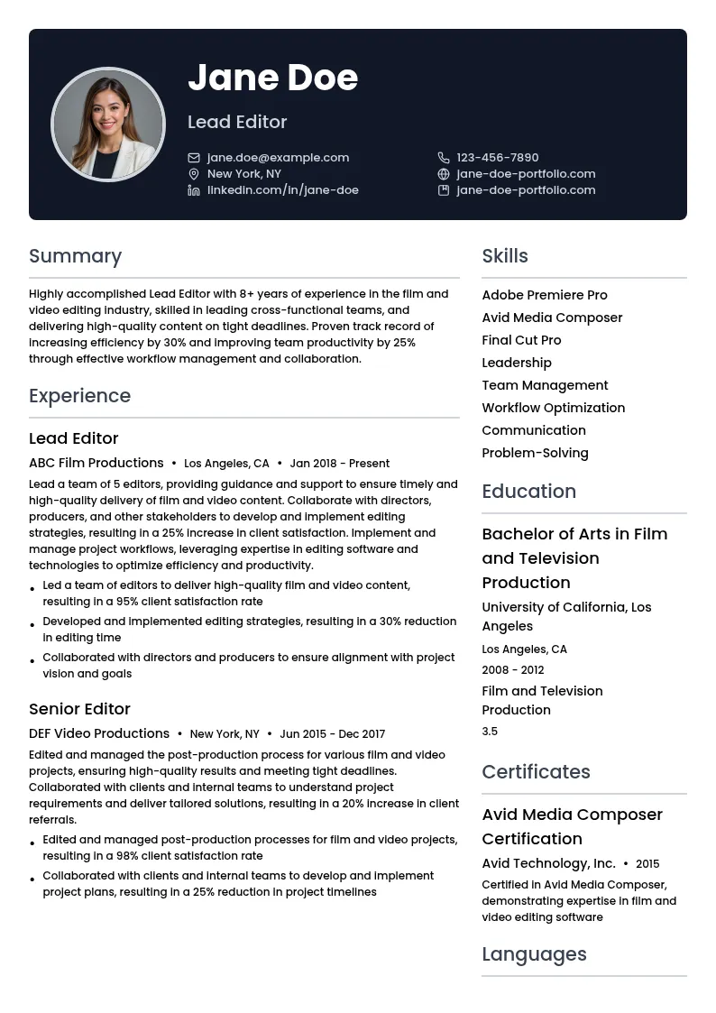 Lead Editor resume example