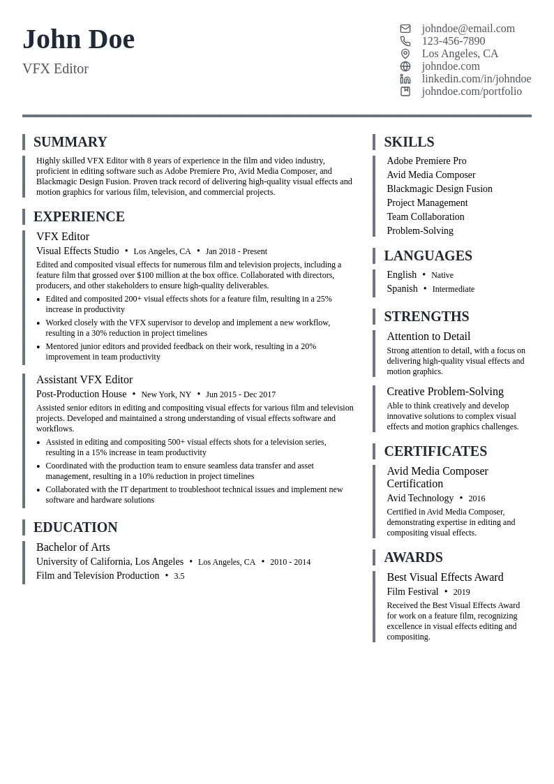 VFX Editor resume example