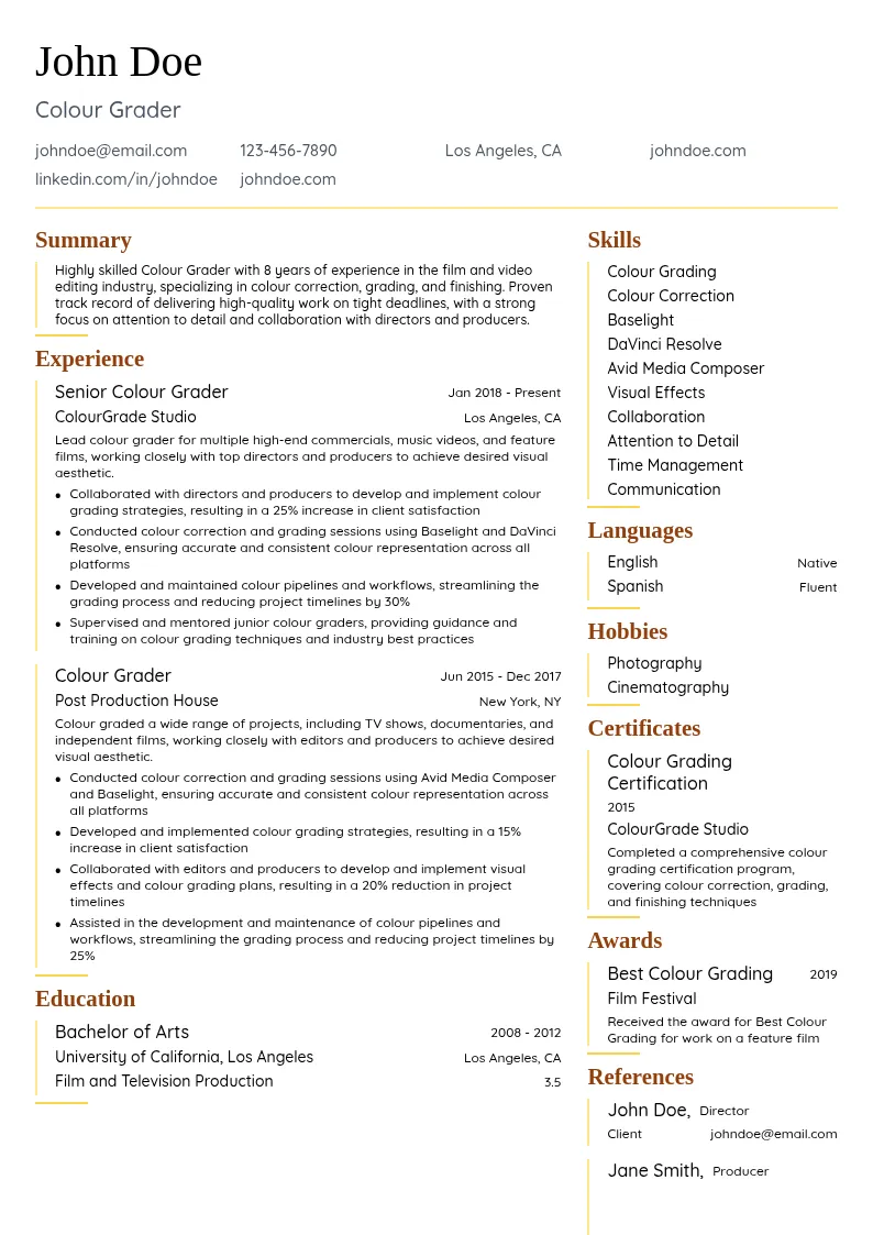 Colour Grader resume example