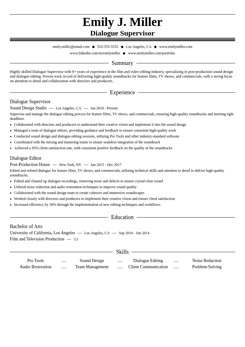 Dialogue Supervisor resume example