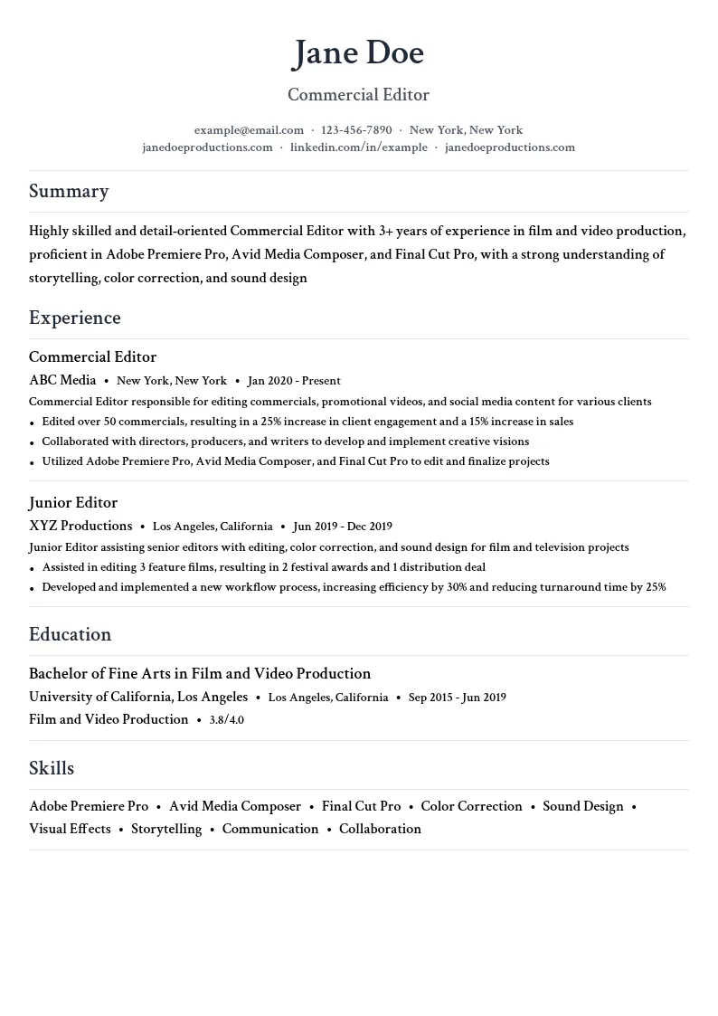Commercial Editor resume example