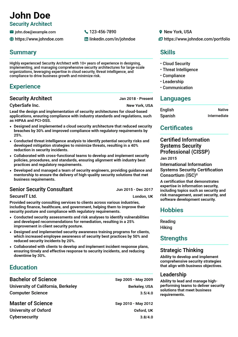 Security Architect resume example