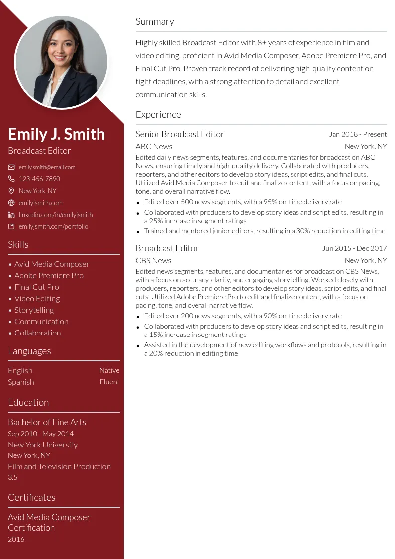 Broadcast Editor resume example