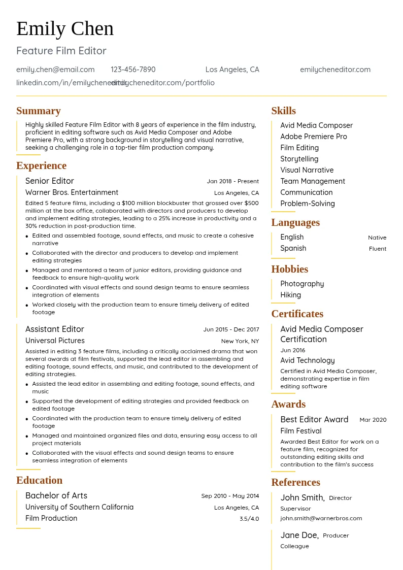 Feature Film Editor resume example
