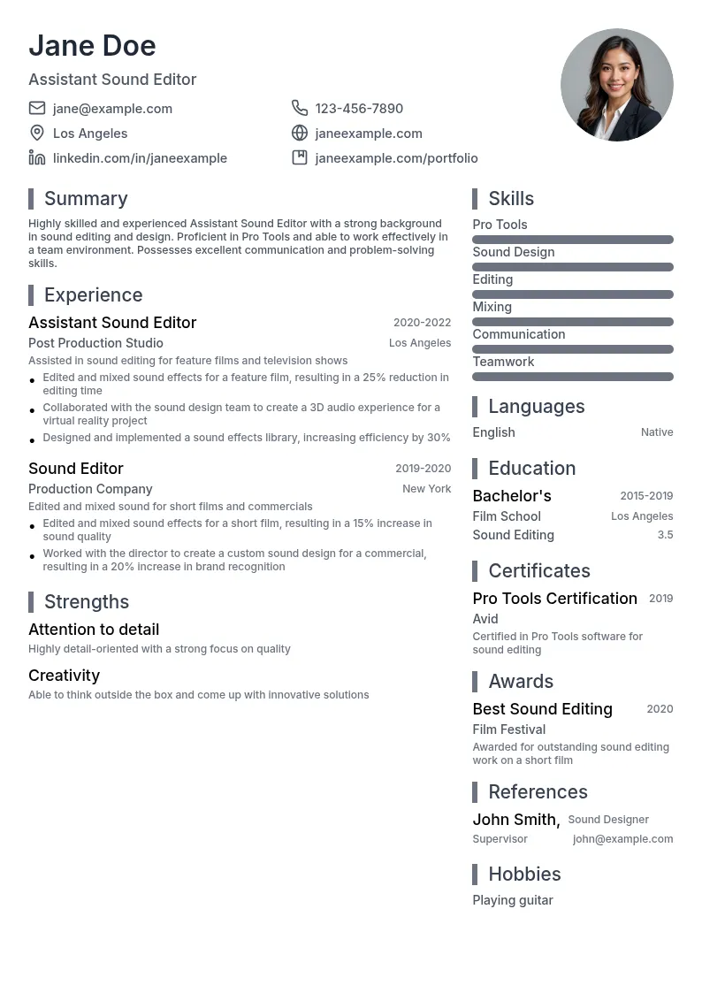 Assistant Sound Editor resume example