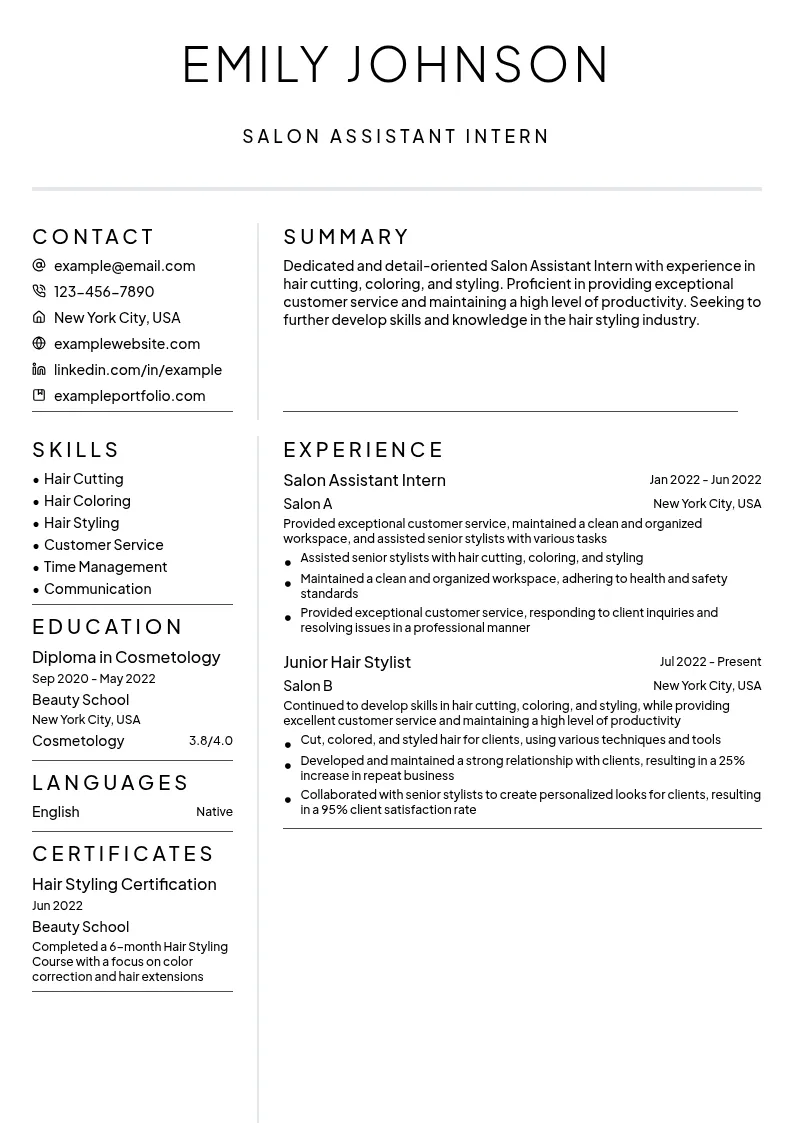 Salon Assistant Intern resume example