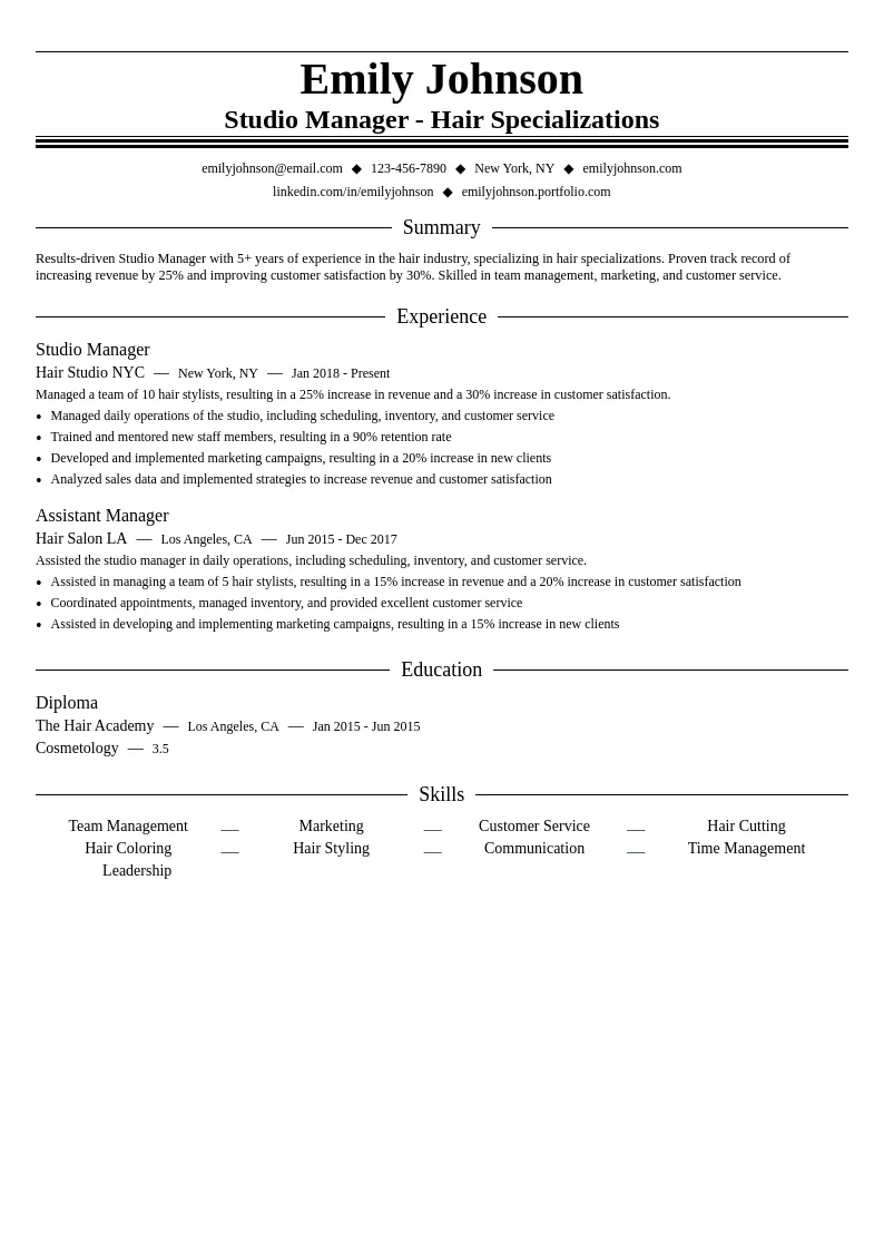 Studio Manager - Hair Specializations resume example
