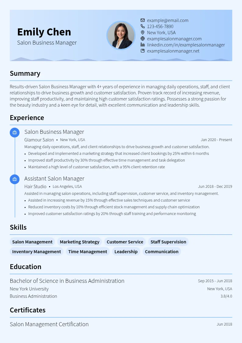 Salon Business Manager resume example