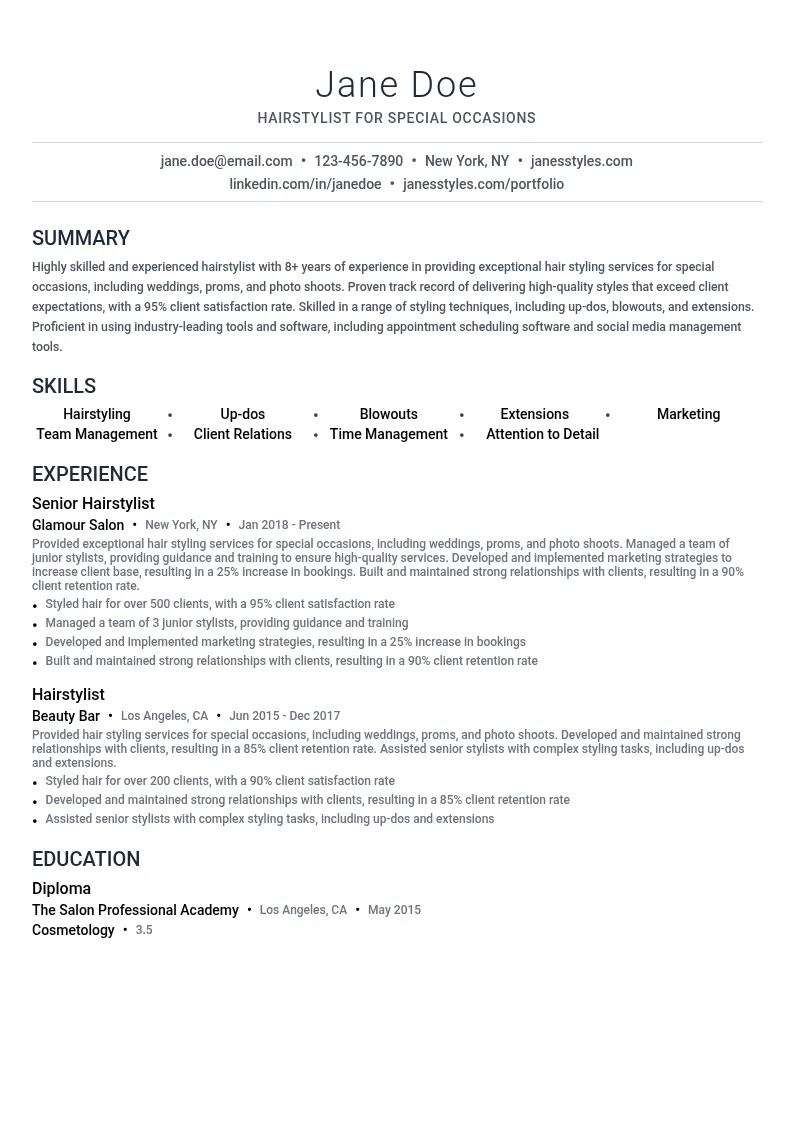 Hairstylist for Special Occasions resume example