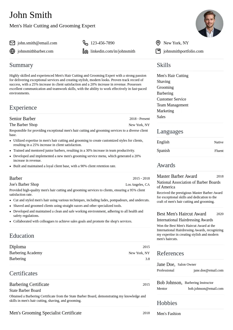 Men's Hair Cutting and Grooming Expert resume example
