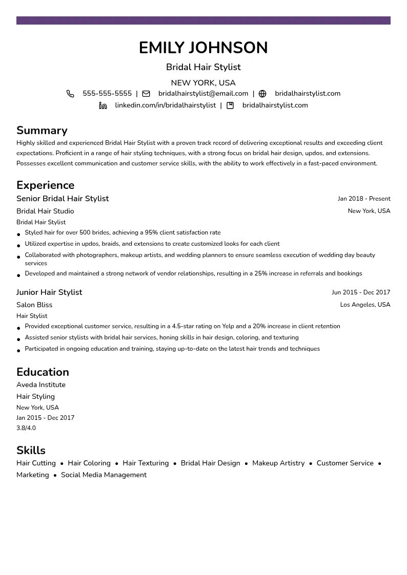 Bridal Hair Stylist resume example
