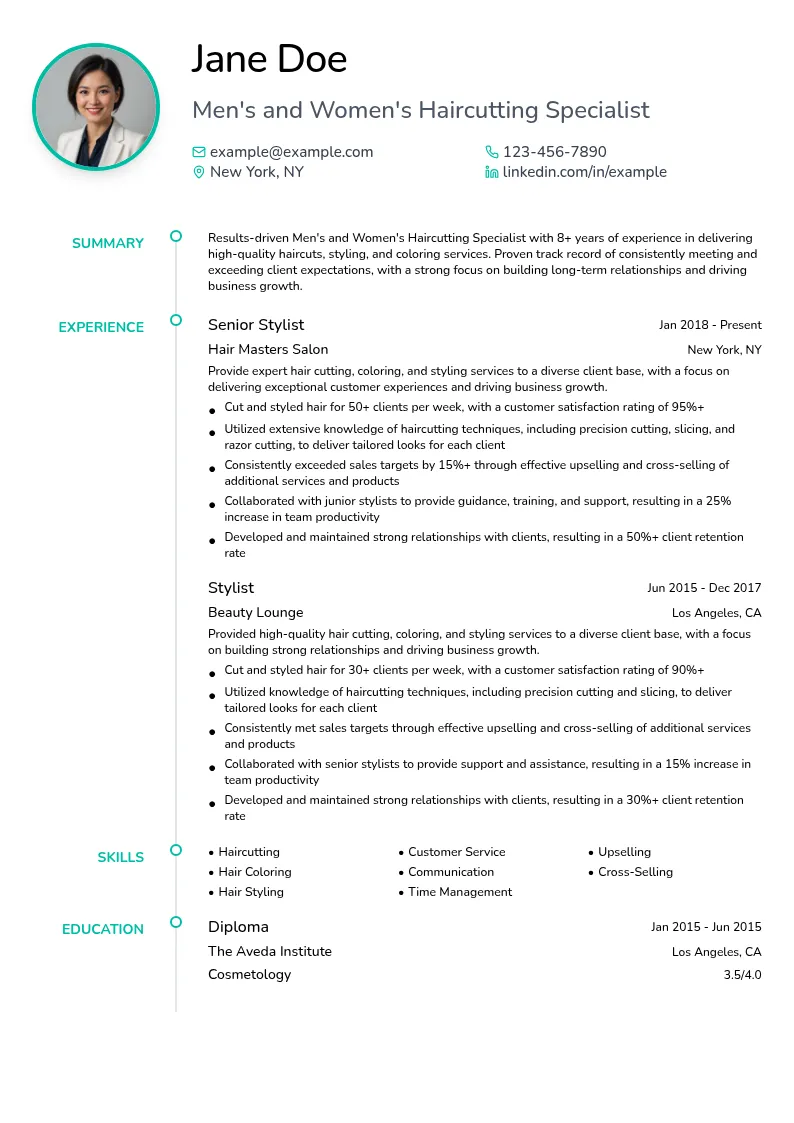 Men's and Women's Haircutting Specialist resume example