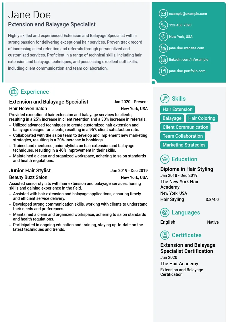 Extension and Balayage Specialist resume example