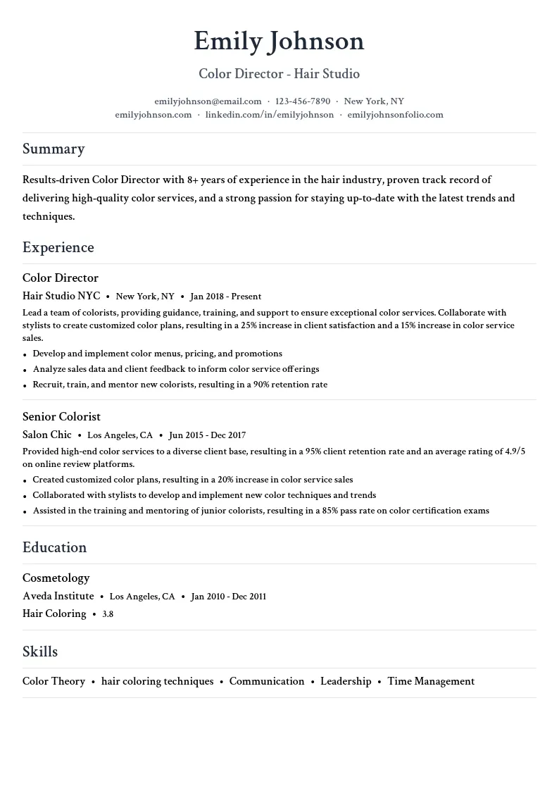Color Director - Hair Studio resume example
