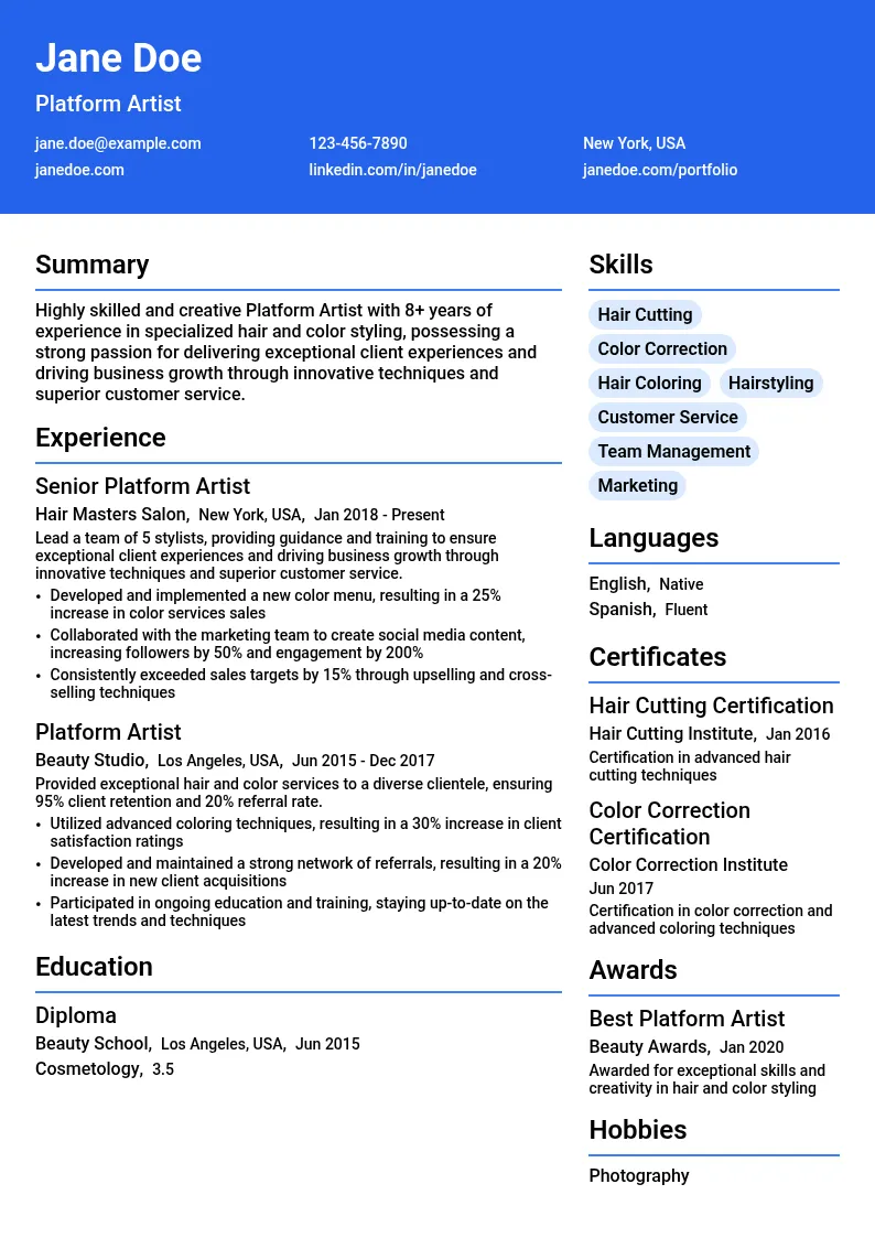 Platform Artist - Specialized Hair and Color Style resume example