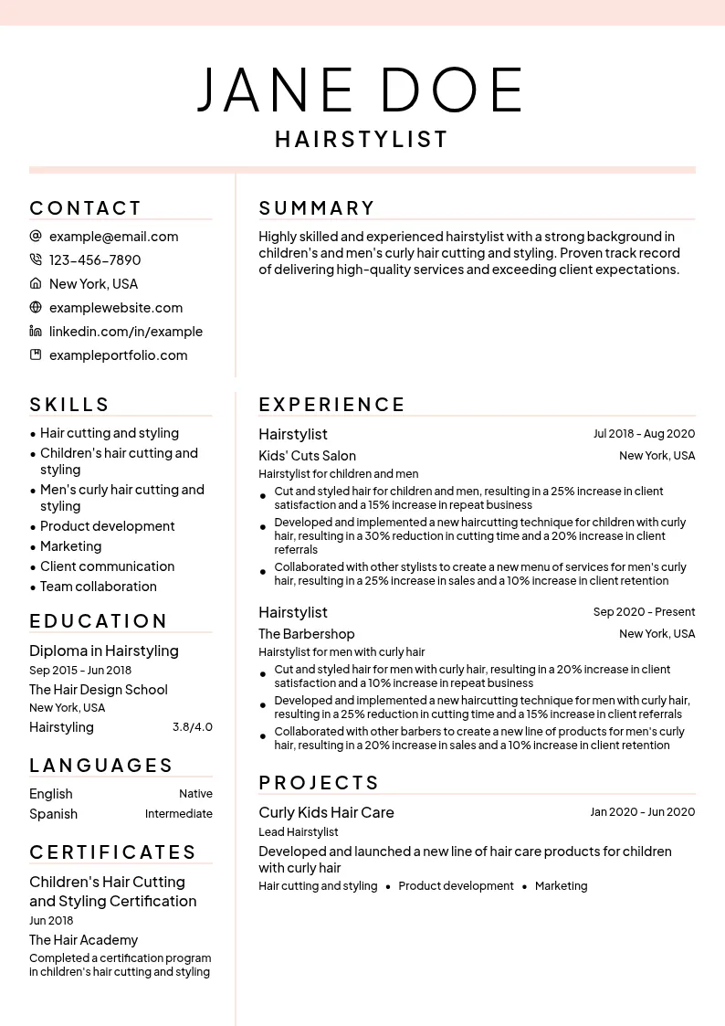 Pixie - Children and Men's Currys Hairstylist resume example