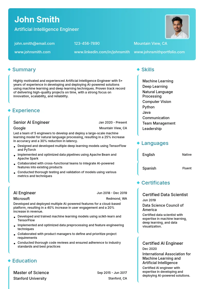 Artificial Intelligence Engineer resume example