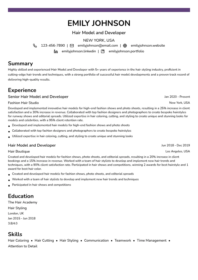 Hair Model and Developer resume example