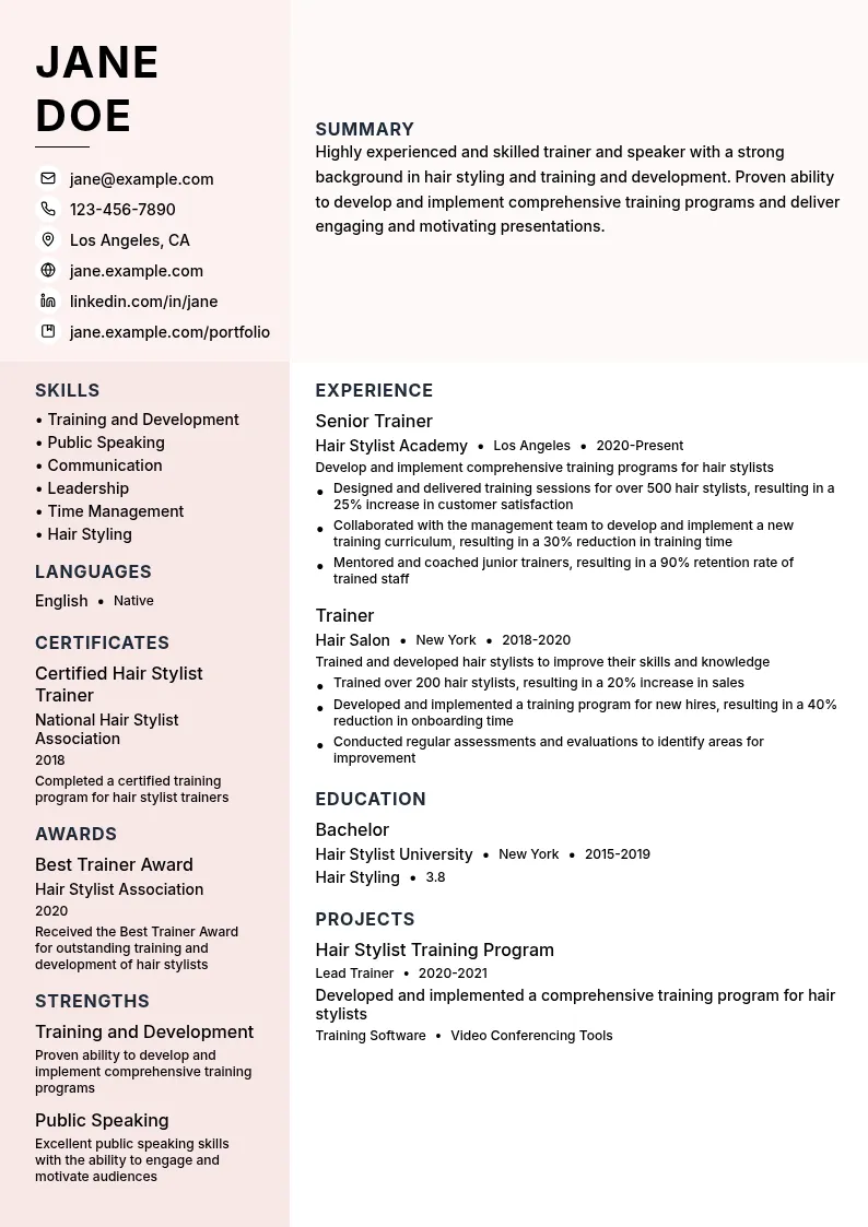 Trainer and Speaker resume example