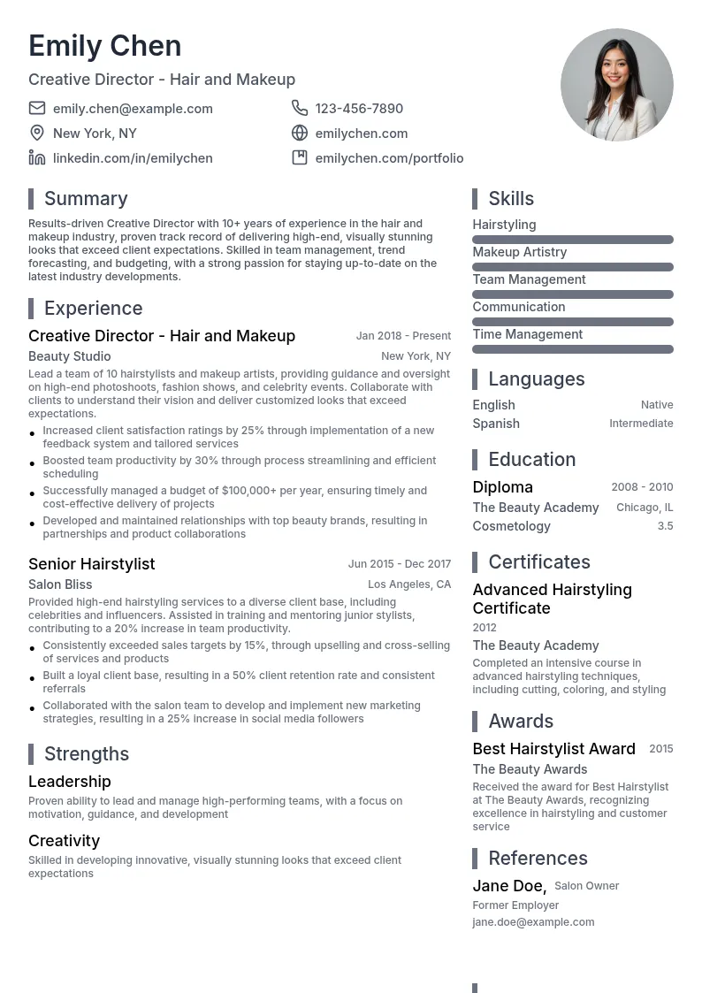 Creative Director - Hair and Makeup resume example