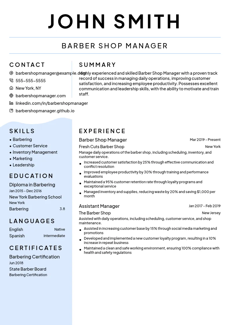 Barber Shop Manager resume example