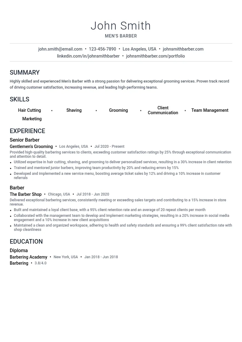 Men's Barber resume example