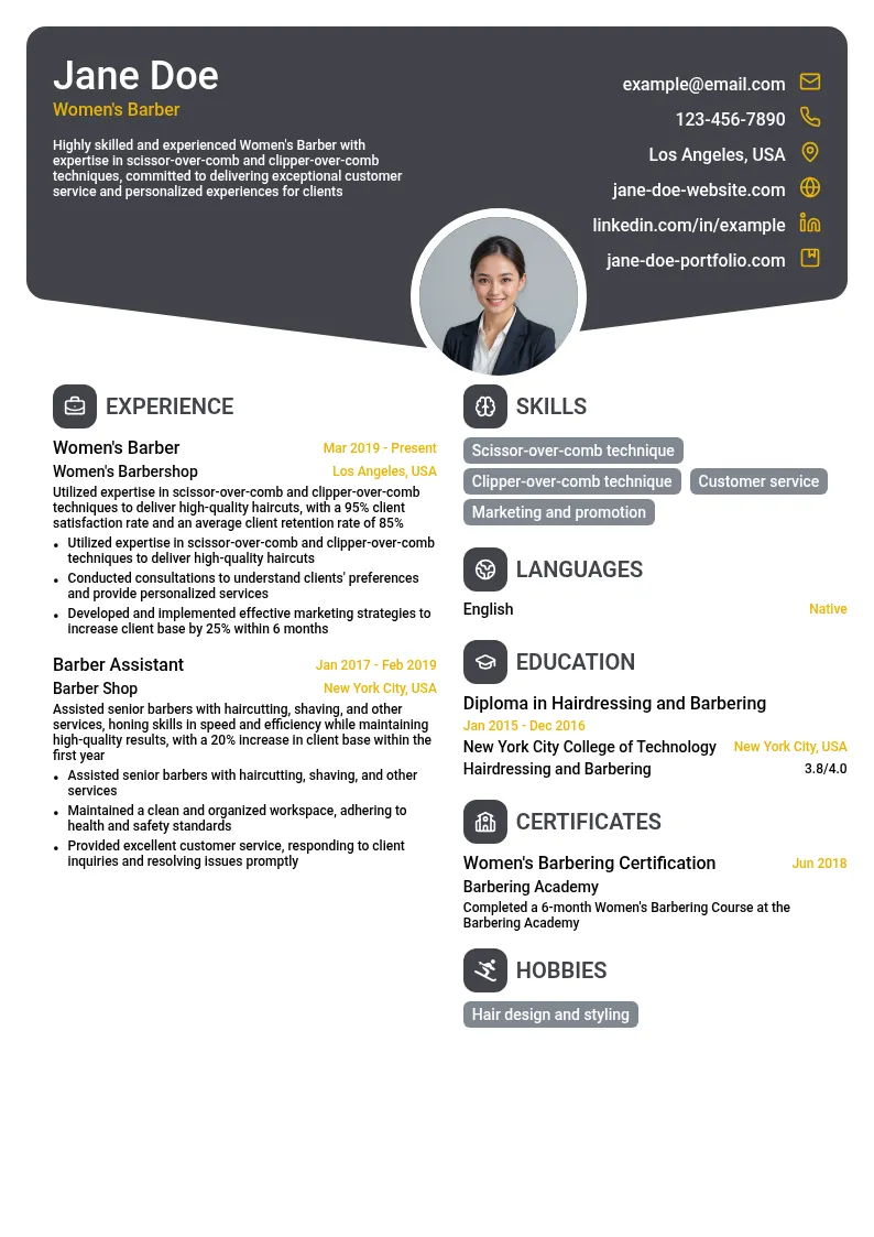 Women's Barber resume example