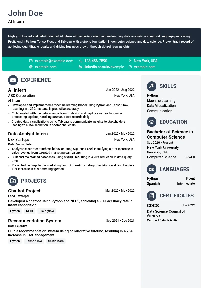 AI Intern resume example