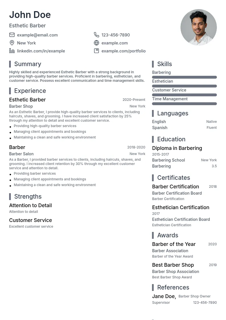 Esthetic Barber resume example