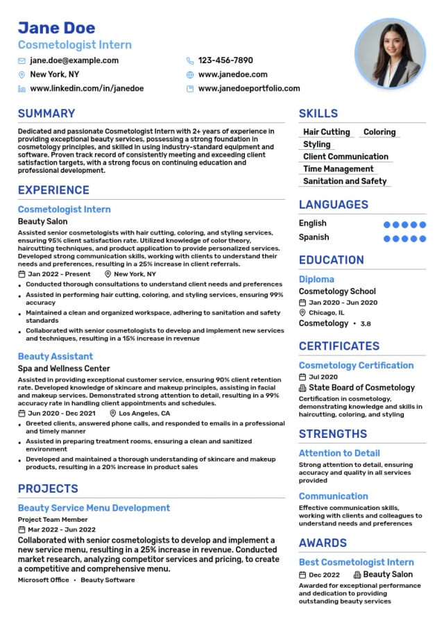 Cosmetologist Intern resume example
