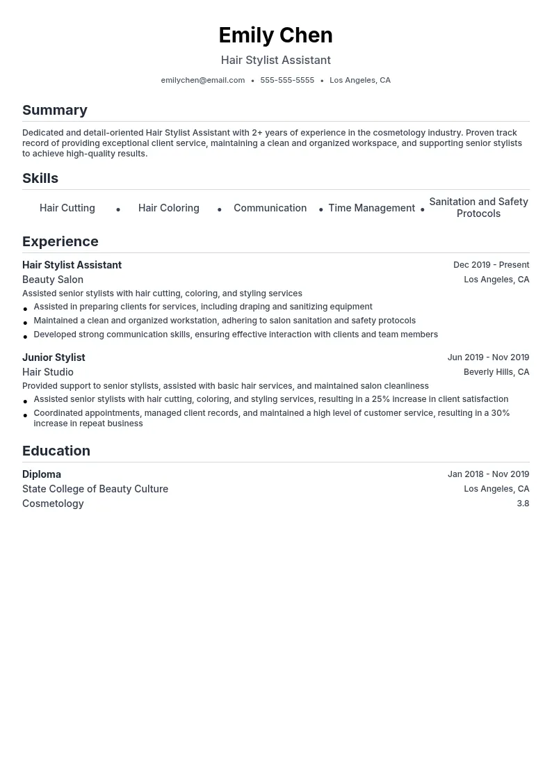 Hair Stylist Assistant resume example